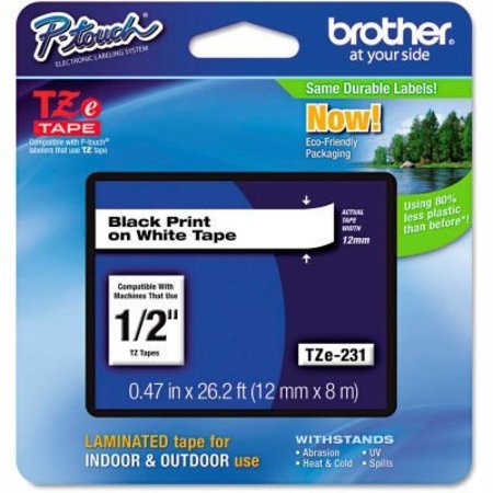 Brother Brother® P-Touch® Tze Labeling Tape, 1/2"W, Black on White TZE231